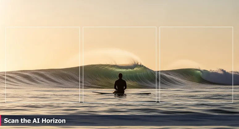 Silhouette of a surfer at dawn on the Pacific Ocean, scanning multiple wave breaks representing AI career opportunities in San Diego.