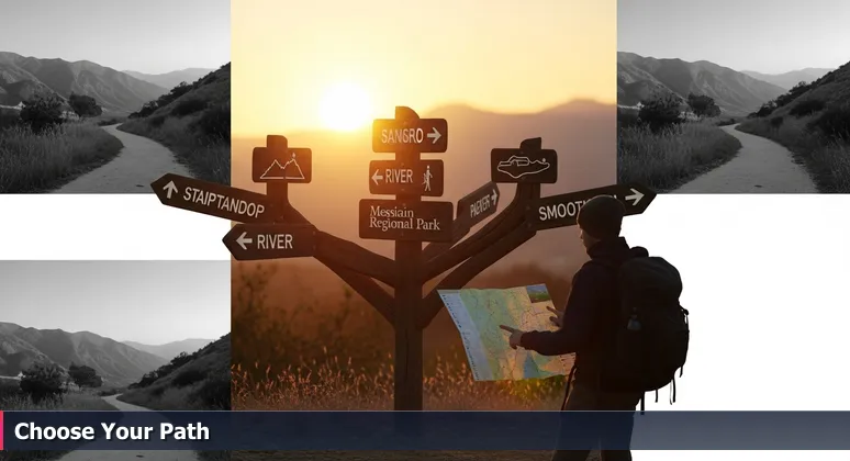 A hiker at dawn in Mission Trails Regional Park, San Diego, facing three trail signs symbolizing tech career choices for 2026.