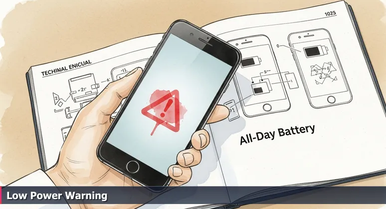 A hand holding a smartphone with a low battery warning on screen, next to a spec sheet advertising 'All-Day Battery', symbolizing the gap between salary promises and living costs in San Diego.