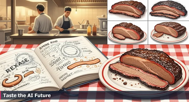 A restaurant critic's notebook open on a checkered tablecloth with notes on AI startups next to a plate of Texas brisket, symbolizing a discerning local evaluation of Fort Worth's tech ecosystem.