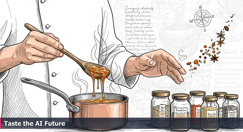 A chef's hands in a Fort Worth kitchen tasting sauce from a pot, with spice jars labeled AI tools and a steam-obscured recipe, symbolizing the transition from learning to applying AI in local industries.