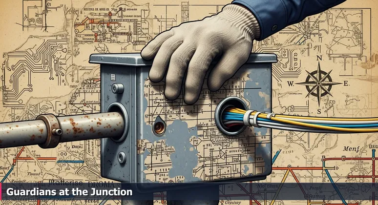 A weathered metal junction box in downtown Fort Worth with old conduit labeled BNSF SIGNAL '78 and modern fiber-optic cables, symbolizing cybersecurity's role in protecting critical infrastructure.