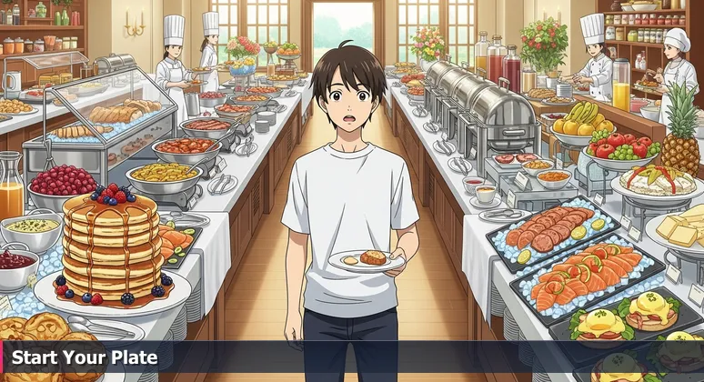 A person hesitating at a Fort Worth brunch buffet, overwhelmed by variety, symbolizing the abundance of free tech training choices.