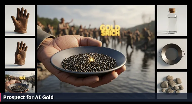 A hand panning for gold with a glint in the silt, symbolizing hidden AI job opportunities in Fort Worth's traditional industries.