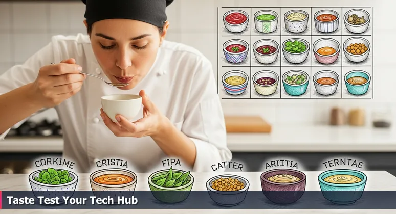 A chef tasting a spoonful with focused expression, surrounded by bowls of colorful ingredients on a marble counter, symbolizing the choice of Fort Worth tech coworking spaces.
