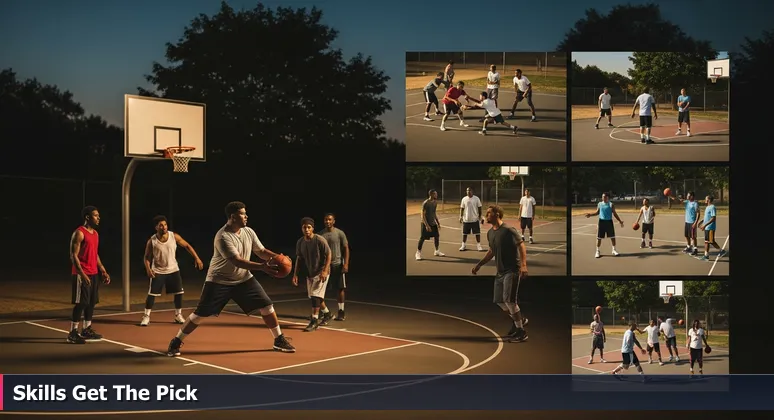 A vibrant evening pickup basketball game at Trinity Park in Fort Worth, with a skilled player in worn sneakers making a no-look pass, symbolizing talent over credentials in tech.