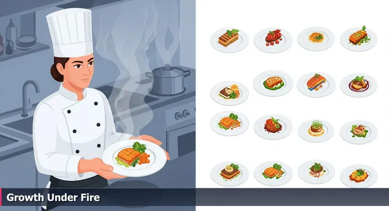 A junior chef's trembling hands present a dish to a head chef in a steamy, blurred kitchen, symbolizing the high-stakes anticipation for junior developers in Fort Worth tech startups.