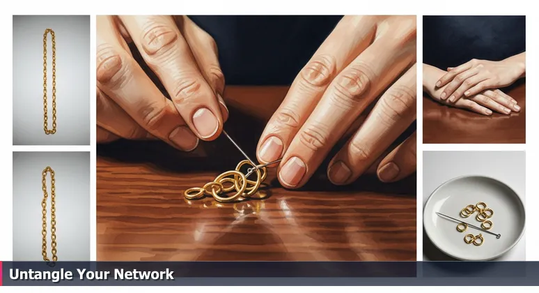 A close-up image of hands carefully untangling a gold necklace chain on a dark wooden table, symbolizing the interconnection of tech resources for women in Fort Worth.
