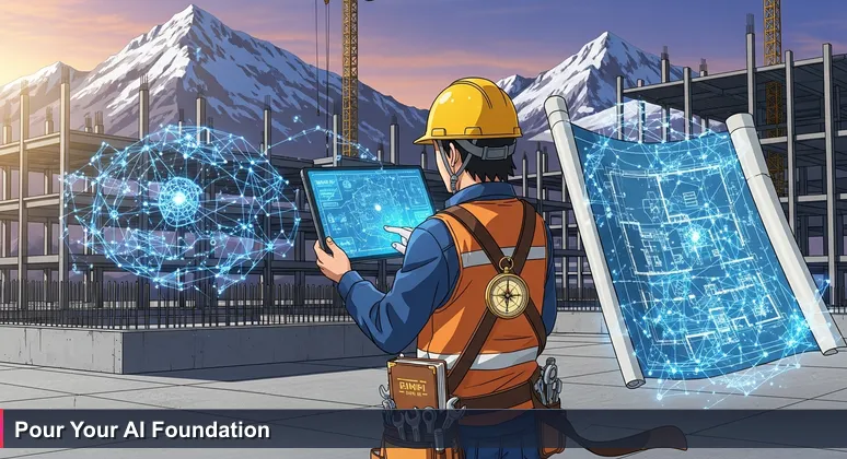 A construction worker in Almaty holds a tablet displaying neural network diagrams, symbolizing the foundation of an AI career against the Tien Shan mountains.