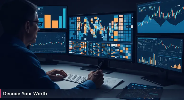 A focused analyst in a modern office, studying screens with Kazakhstan tech salary data, equity charts, and company logos, symbolizing the decoding of total compensation packages