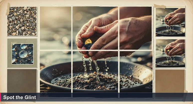 Weathered hands sifting through river sediment to find a glint of gold, symbolizing the search for top AI startups in Kazakhstan's tech ecosystem.