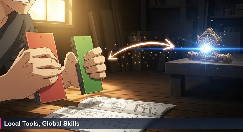 Hands holding mismatched furniture parts with an AI instruction manual on the floor, symbolizing the gap between global AI skills and local execution in Kazakhstan.