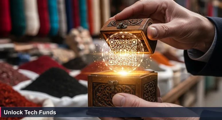 Hands opening a carved wooden box at Almaty bazaar to reveal a glowing QR code, symbolizing tech training funding in Kazakhstan.