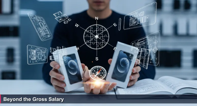 A close-up of a person's hand holding two identical smartphone boxes in a brightly lit electronics store, symbolizing the hidden differences in AI salary packages in Kazakhstan's 2026 job market.