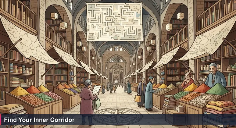 A shopper in a bustling Almaty bazaar looking past crowded stalls towards a quiet corridor where locals exchange meaningful glances, symbolizing AI networking opportunities in Kazakhstan.