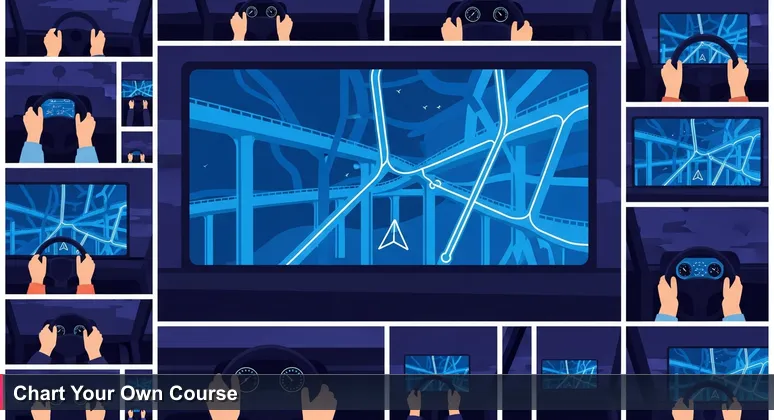 A driver's hand on a steering wheel at night, with a glowing blue GPS map reflecting on the windshield, navigating through Almaty's city overpasses.