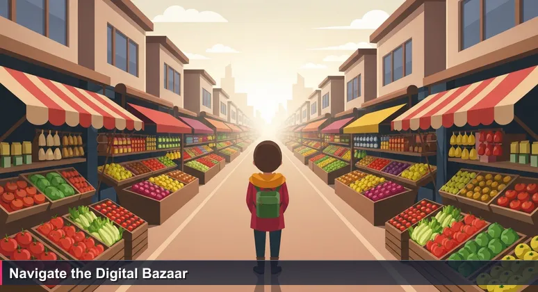 A visitor stands overwhelmed at the entrance to Almaty's Green Bazaar at dawn, symbolizing the abundant choices in Kazakhstan's 2026 tech job market.