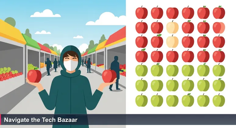 A person in Almaty's Green Bazaar holding two red apples, representing the choice among top AI bootcamps for Kazakhstan's tech job seekers.