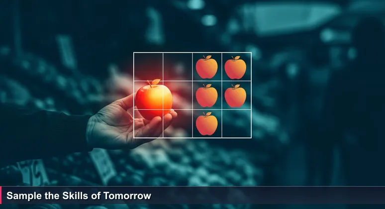 A vendor at Almaty's Green Bazaar holds out a ripe apple on an open palm, with vibrant produce stalls in the background, symbolizing hidden tech training opportunities.