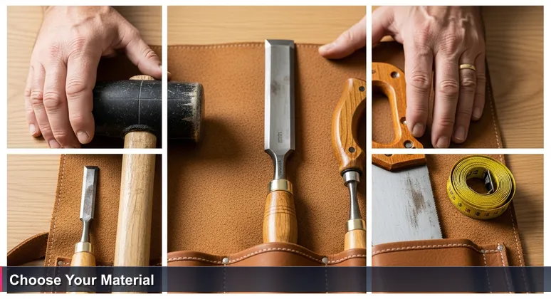 Close-up of weathered carpenter's hands over a leather tool roll with various tools, symbolizing career choices in AI for Kazakhstan's diverse industries like mining and healthcare.