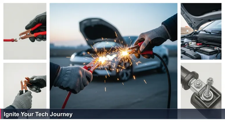 Gloved hands creating a spark with jumper cables on a car battery, with a modern electric vehicle in the background, symbolizing jumpstarting tech careers without degrees in Kazakhstan.