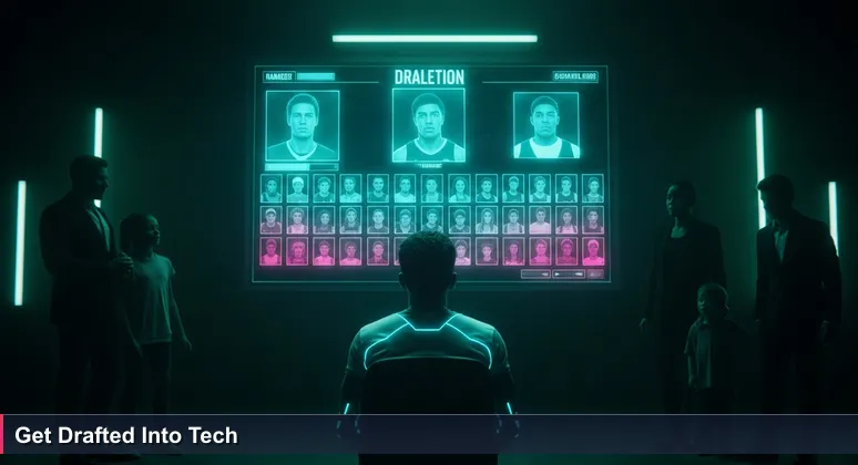 A hopeful junior developer in Kazakhstan's tech hub, anxiously watching a digital draft board displaying top startup logos, symbolizing the 2026 hiring season for tech roles.