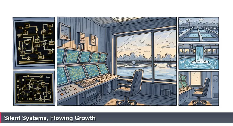 A control room in Almaty at dawn, with monitors displaying flow diagrams and clean water flowing outside, symbolizing the support infrastructure for women in tech across Kazakhstan.