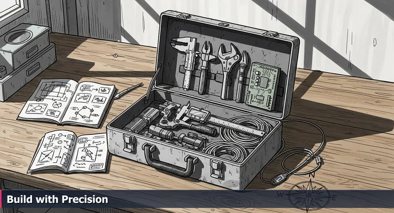 A close-up of a weathered metal toolbox with precision tools like calipers and circuit boards in a Richmond industrial workshop, symbolizing specialized AI skills.