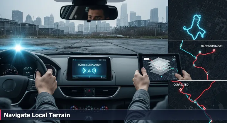 A car dashboard at night in Richmond, VA, with a GPS screen showing 'You have arrived', but the view outside is an empty warehouse lot, symbolizing the need for local AI career navigation.