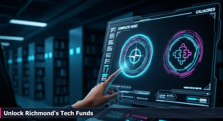 A person's hand hovering over a digital catalog terminal in a public library, with a glowing screen showing search results and books in the background