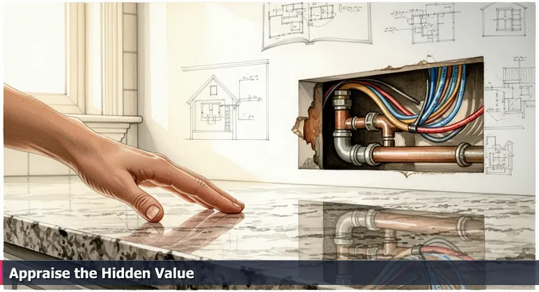 Close-up of a hand on a granite countertop in a Richmond home, with exposed plumbing and wiring in the background, symbolizing the hidden value in AI salary packages.