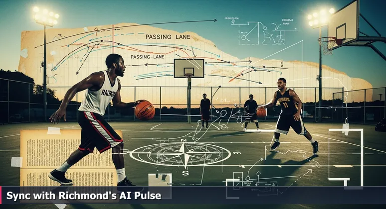 A dynamic pick-up basketball game on a Richmond court at dusk, with a player passing the ball to a teammate, symbolizing collaboration in AI communities.