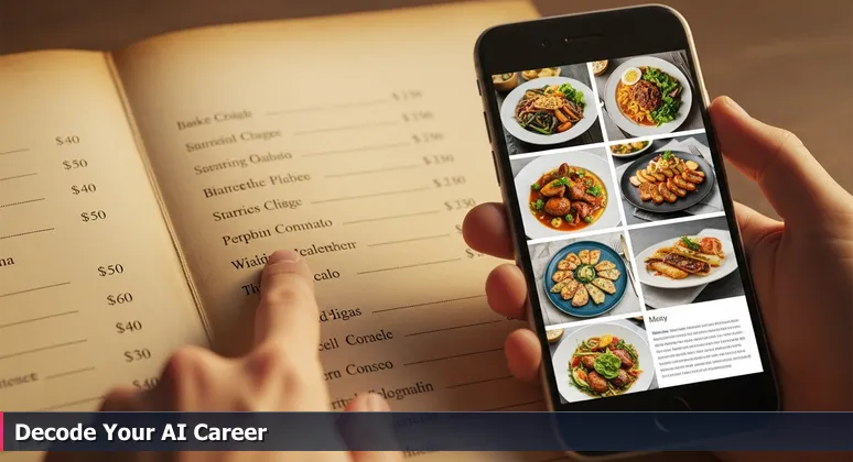 A finger points to a simple restaurant menu while a smartphone shows detailed reviews, symbolizing the search for in-depth AI job insights in Richmond, VA.