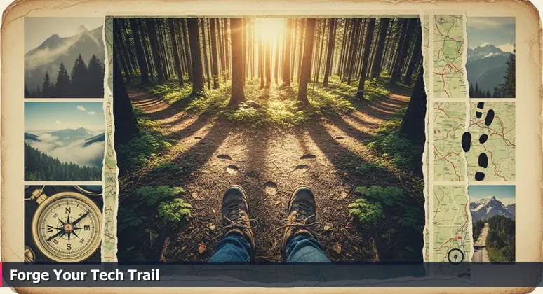 Worn hiking boots at a fork in a sun-dappled trail in Richmond's James River Park System, with a wooden sign pointing both ways.