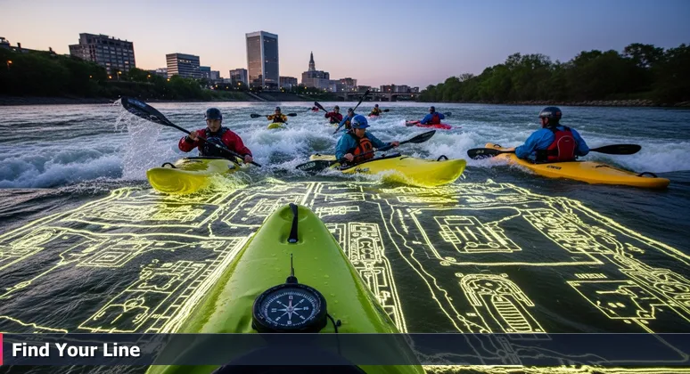 A kayaker scans the turbulent waters of the James River's Hollywood Rapids with the Richmond skyline in the background, symbolizing strategic navigation of cybersecurity careers in 2026.