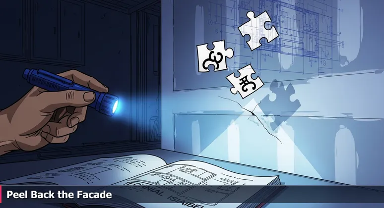 A contractor's hand points a penlight at a painted drywall, revealing a crack and shadow beneath, symbolizing hidden costs behind tech salary offers in Richmond.