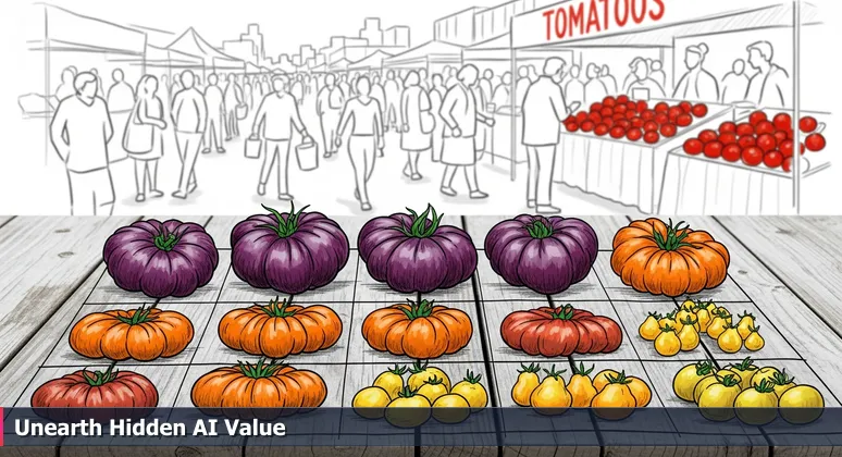 A bustling Richmond farmers market scene with crowds ignoring a quiet table piled with vibrant heirloom tomatoes, symbolizing hidden AI job opportunities in non-tech industries.