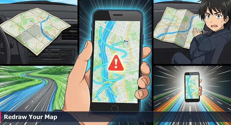 Smartphone with rerouting alert over a Richmond map, next to an old paper map on a car dashboard, symbolizing outdated career paths in tech.