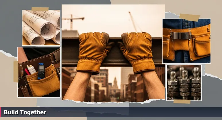 Hands of construction workers interlocked, lifting a steel beam on a Richmond street with historic buildings in the background.