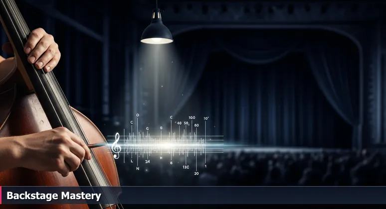 Skilled hands adjusting the tuning pegs on a bass guitar backstage, lit softly, representing the undervalued mastery in Murfreesboro's tech career scene.