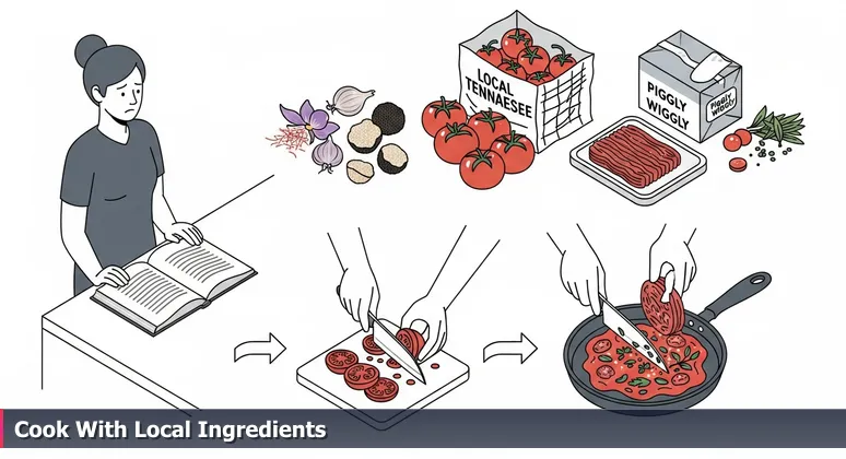 A person in a Murfreesboro kitchen looking confused at a cookbook, with local Tennessee tomatoes and exotic saffron spices on the counter, representing adapting generic AI advice to local resources.