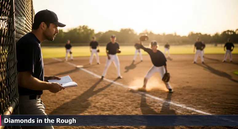 A baseball scout at a high school field in Murfreesboro, observing a young player, symbolizing the search for promising AI startups in the local tech scene.