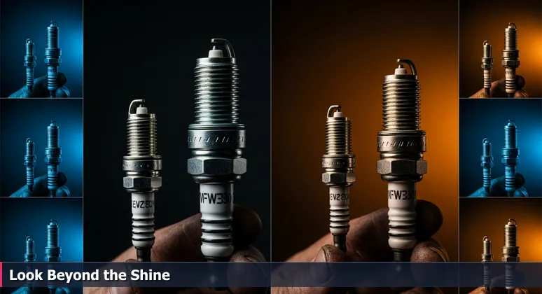 A mechanic's greasy hand holding two spark plugs under a work light, symbolizing the careful choice of AI bootcamps in Murfreesboro, TN.