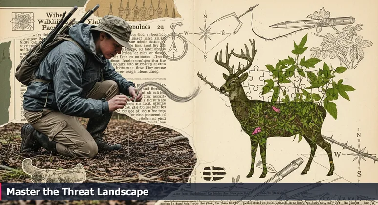 A wildlife tracker in a Tennessee forest examining subtle clues like bent grass and a hair on a thorn, symbolizing cybersecurity threat hunting in Murfreesboro's job market.