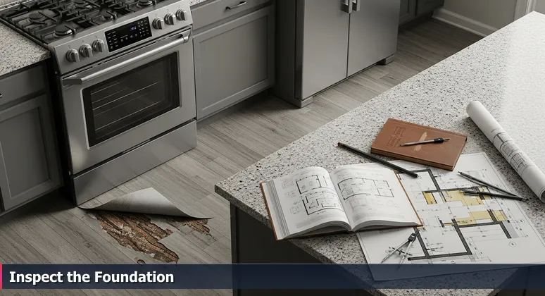 A modern kitchen with gleaming countertops, but the floor is peeled back to reveal rotting subfloor, symbolizing hidden costs in tech salary evaluations for Murfreesboro, TN.