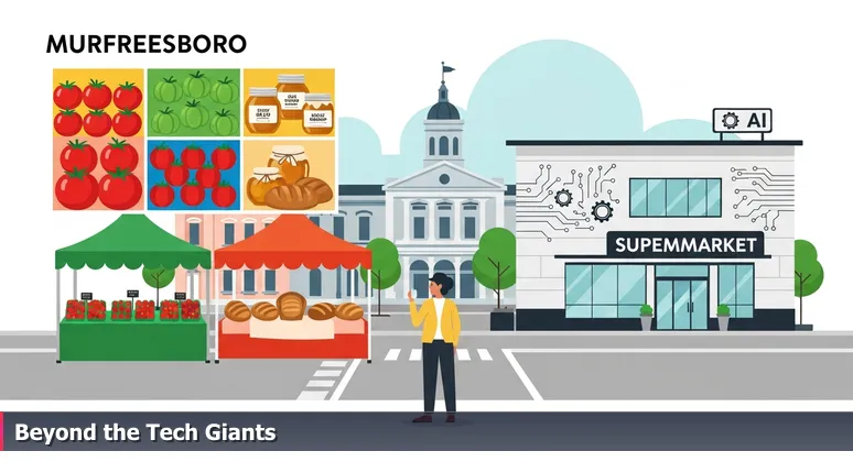 A person at a crossroads in Murfreesboro's farmers market, choosing between a Big Tech supermarket and vibrant stalls representing local AI job industries like healthcare and manufacturing.