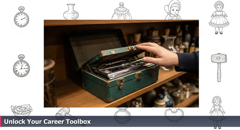 Close-up of a hand reaching towards a dusty antique toolbox in a Murfreesboro store, with gleaming tools visible inside, symbolizing hidden career skills.