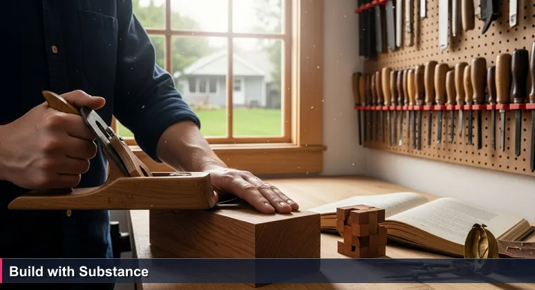 A woodworker's hands using a handplane on a cherry wood block in a tidy workshop, symbolizing the craftsmanship of building an AI career in Worcester, MA.