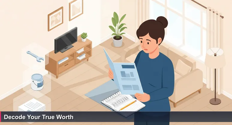 A tech professional at an open house in Worcester, calculating costs on a notepad to evaluate job offers, symbolizing compensation analysis.