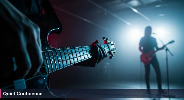 A bassist's hands tuning a guitar backstage, symbolizing Worcester's foundational tech role, with a blurred lead guitarist in the background.